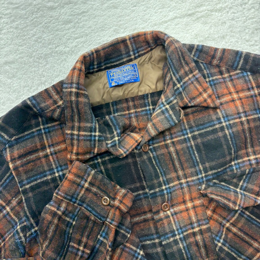 Vintage Pendleton Board Shirt Large Brown Orange Plaid Wool Flannel USA Made